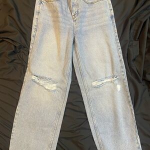 Good American Blue Straight Leg Jeans with Distressed Details